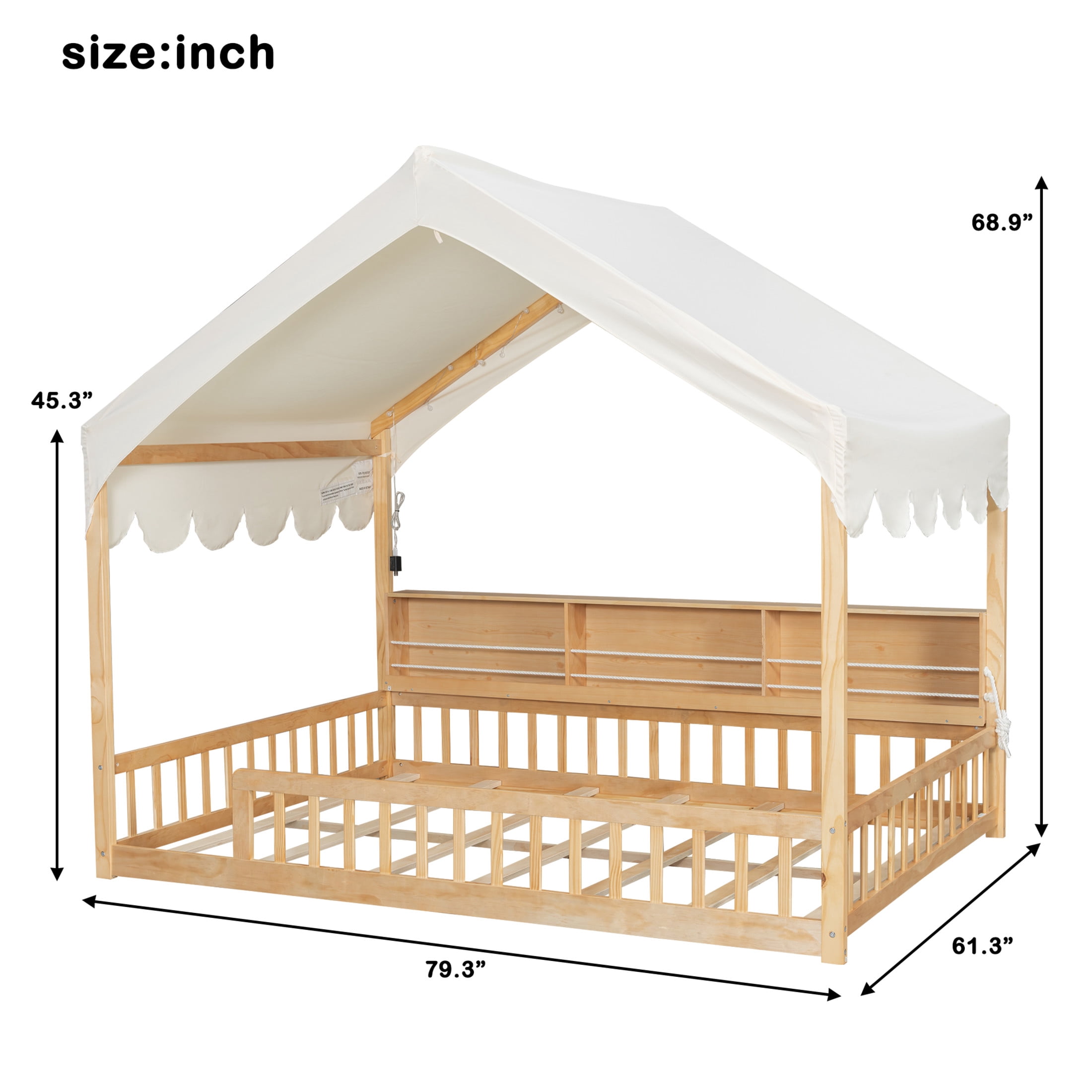 Noble House Larissa Full Size House Bed with Fence and LED Lights, Wooden Floor Bed, Heavy Duty, Natural and Beige
