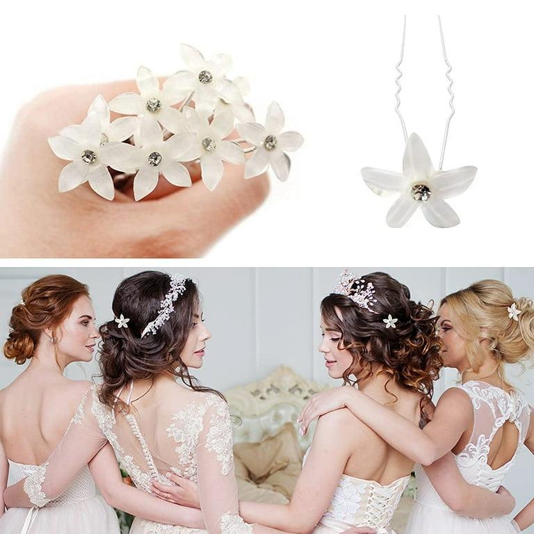 12 Pieces Wedding Flower Hair Pins White Flower Rhinestone Hair Pins  U-Shaped Hairpins for Bridal Wedding Women Hair Jewelry Accessories