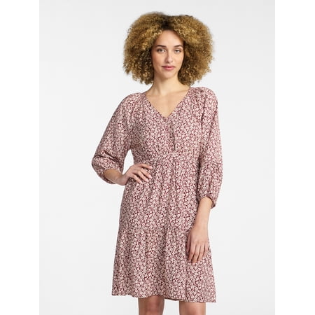 Time and Tru Women's Tiered Mini Dress with Blouson Sleeves, Sizes XS-XXXL