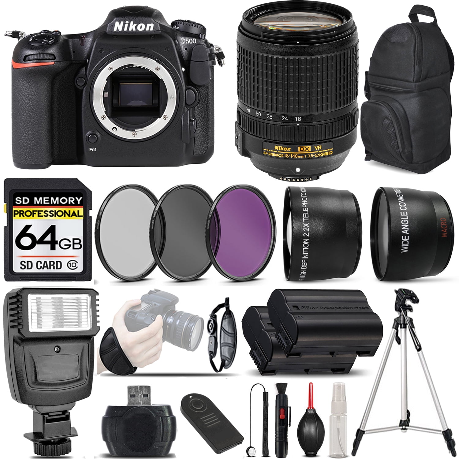 Nikon D500 DSLR Camera + Nikon 18140mm f/3.55.6G ED VR Lens + Flash