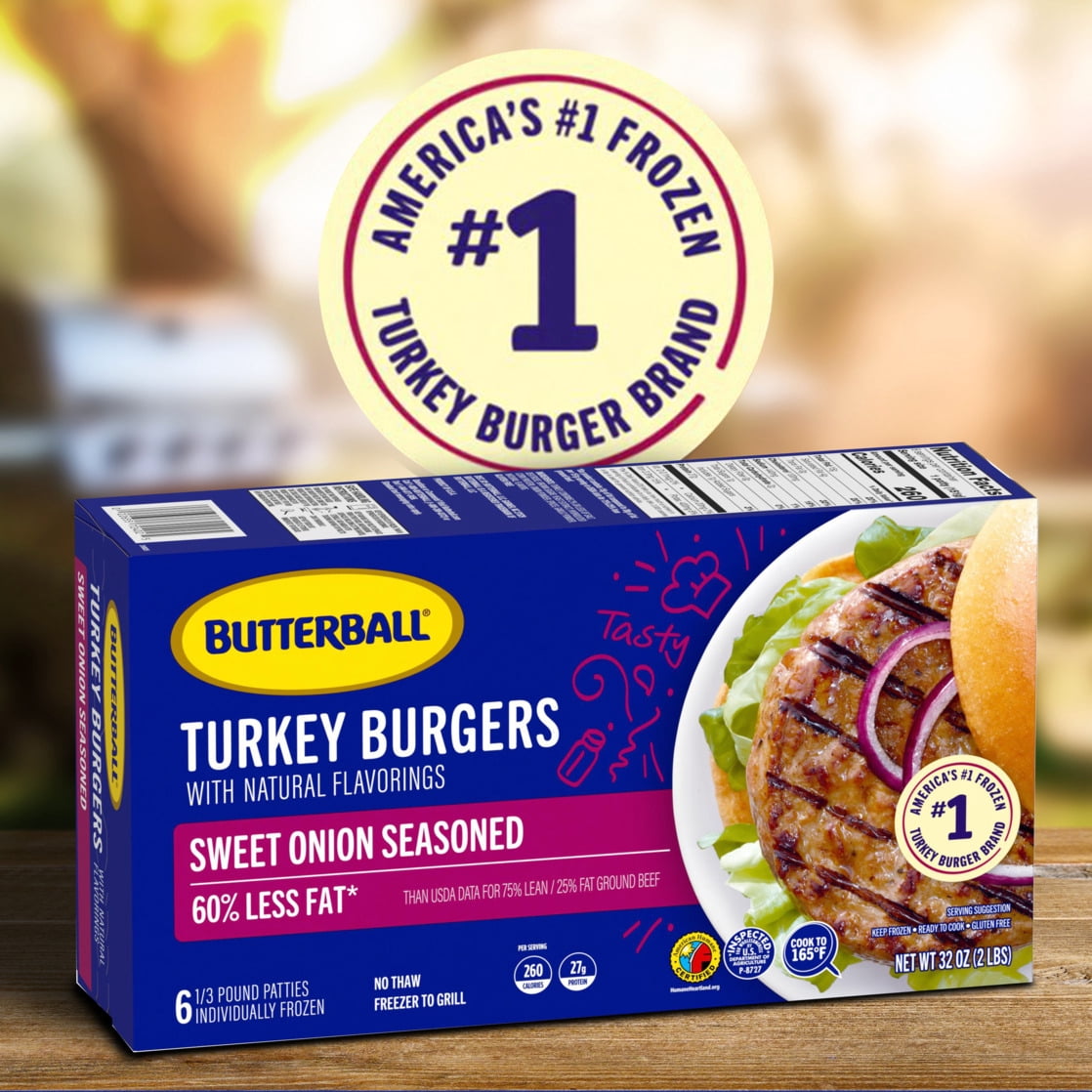 Butterball Frozen Turkey Burgers, Sweet Onion Seasoned, 1/3 lb Patties