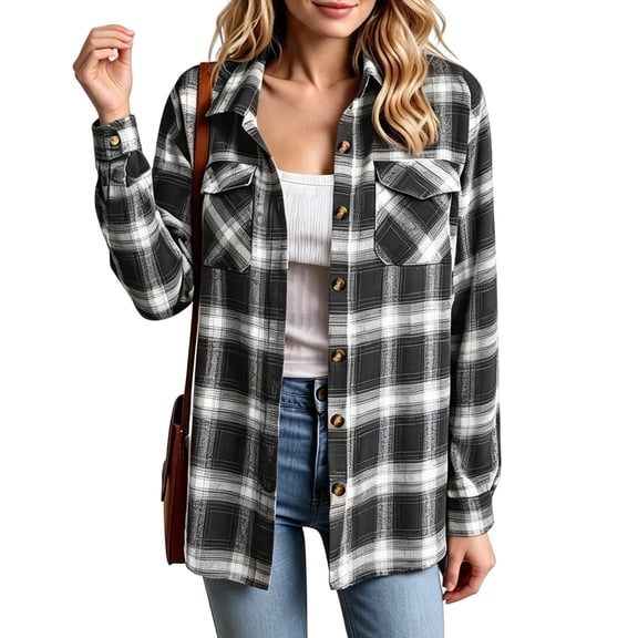 Dweltoz Women's Plaid Flannel Shirt Soft Long Sleeve Lightweight Casual Button Down Jacket with Pockets 2026 Fall Fashion Blouses,Black S
