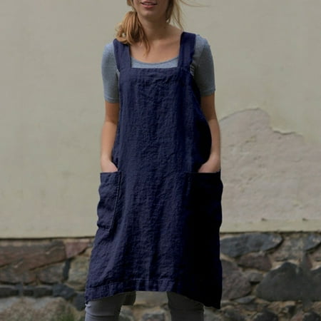 

Dress Women s Cotton Linen Apron Long Home Furnishing Loose Long Casual Solid Color Suitable for Baking Cooking 2XL Purplish Blue