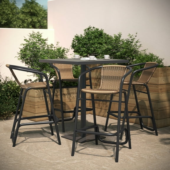 Flash Furniture Lila Indoor-Outdoor PE Rattan Restaurant Barstool Medium Brown 4/Pack