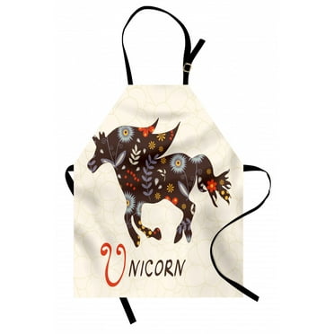Unicorn Apron Silhouette with Ethnic Oriental and Ornate Floral Effects Boho Themed Art Print, Unisex Kitchen Bib Apron with Adjustable Neck for Cooking Baking Gardening, Multicolor, by Ambesonne