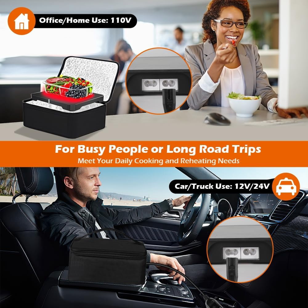 80W Portable Oven Food Warmer, 12V/24V/110V/220V Electric Heated Lunch Box for Car, Office, Camping