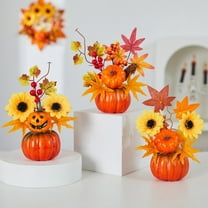 Fall Decor Halloween Thanksgiving Fall Decorations for Home Artificial Orange Flowers Fake Realistic Pumpkin Floral Arrangement with Orange Sunflowers & Autumn Leaves Maple Leaf Harvest Decor
