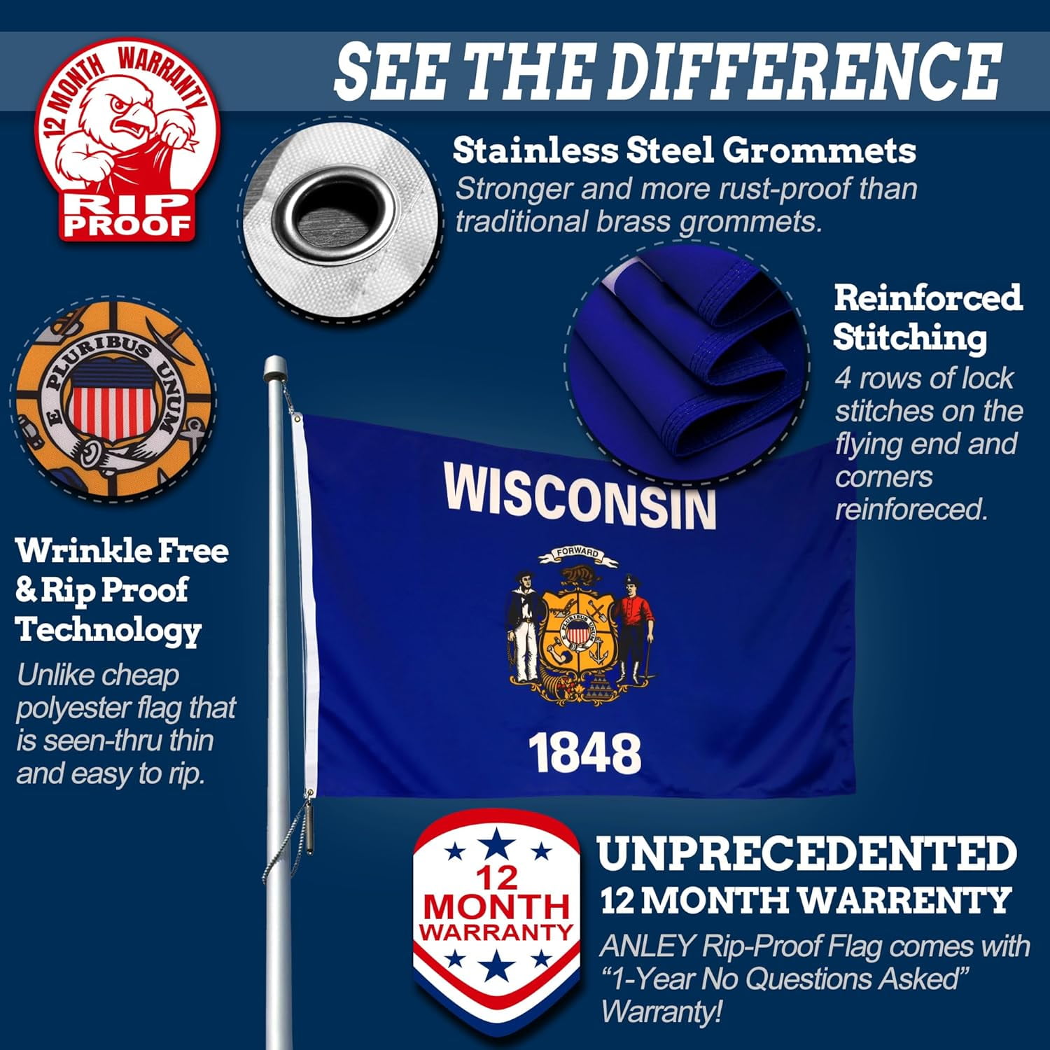 Anley Rip-Proof Double Sided 3-Ply Wisconsin State Flag 3x5 Foot - Wisconsin WI Flags