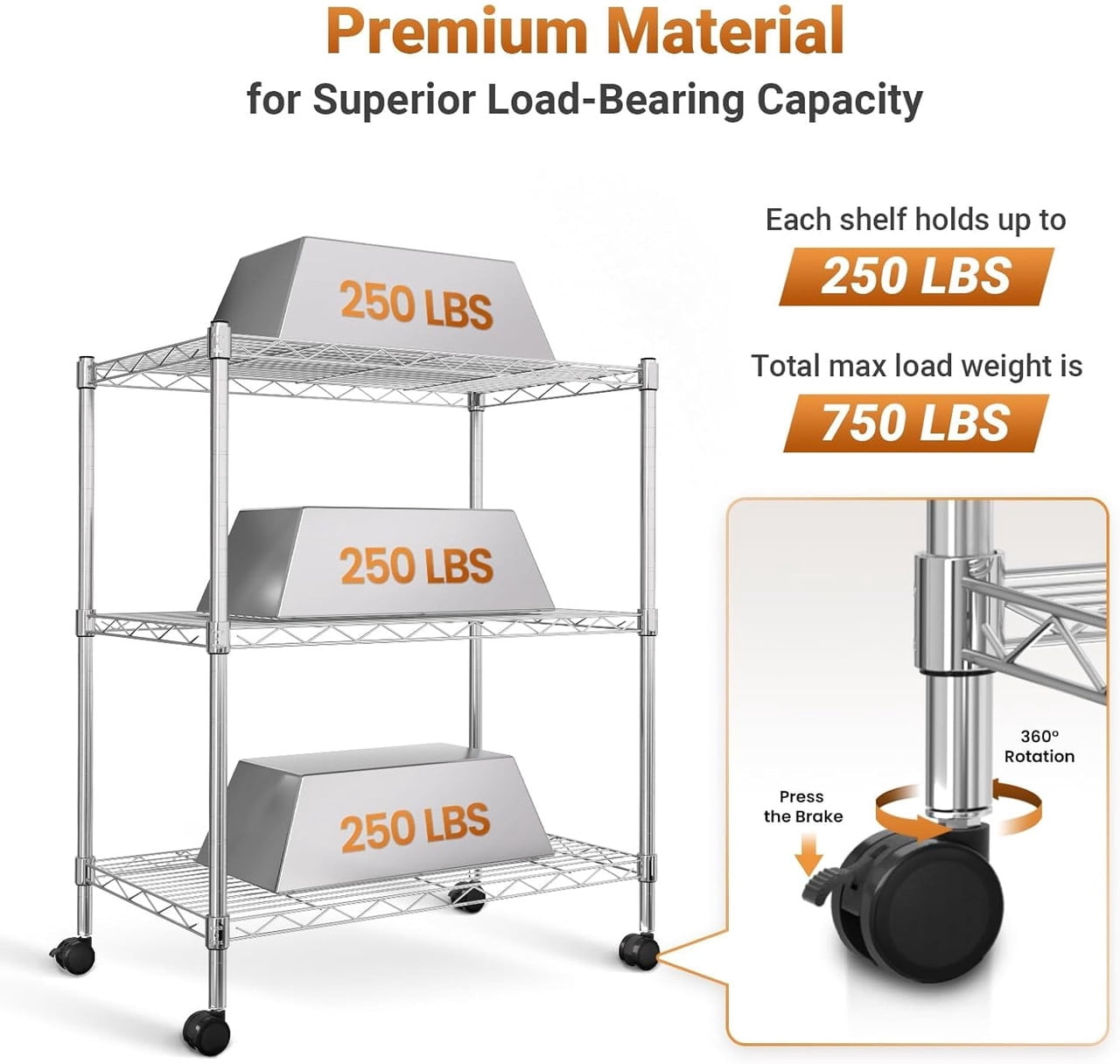 Simple Deluxe Heavy Duty 3-Shelf Shelving with Wheels, Adjustable Storage Units, Steel Organizer Wire Rack, 24.02”L x 13.78“W x 31.89”H, Chrome