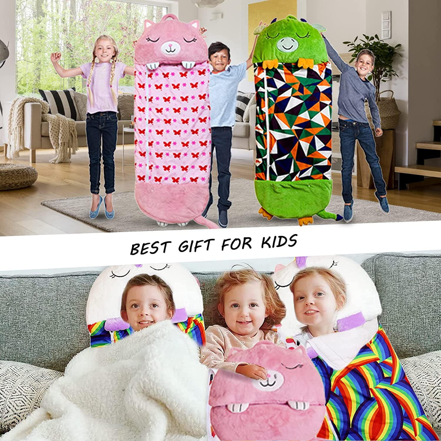 TILIYHELLO Sleeping Bag, 160 60cm Large The 2-in-1 Pillow That Turns Into  A Sleeping Bag, Super Soft And Fun Cartoon Animal, Warm Foldable Sleeping 