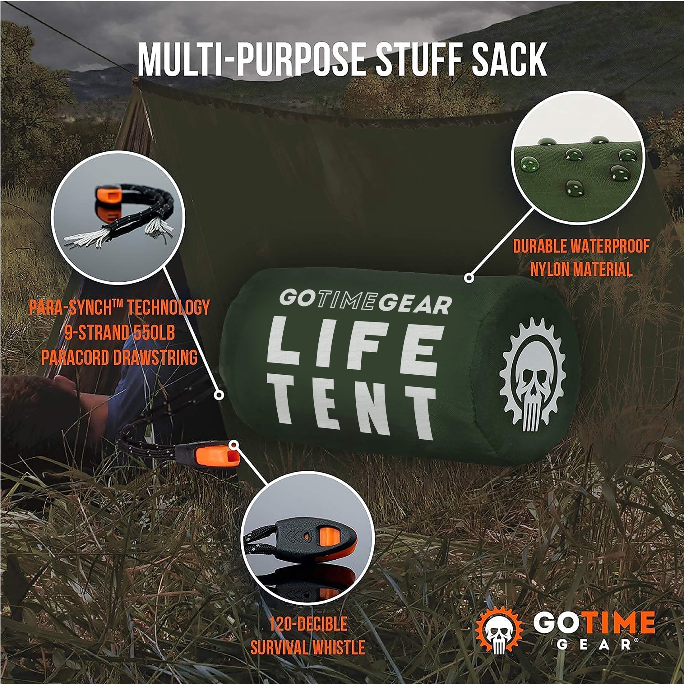 Go Time Gear | Life Tent Emergency Survival Shelter - 2 Person Tube Tent | Waterproof, Windproof, Thermal | Includes Survival Whistle, Paracord Rope & Portable, Lightweight Nylon Stuff Sack | Green