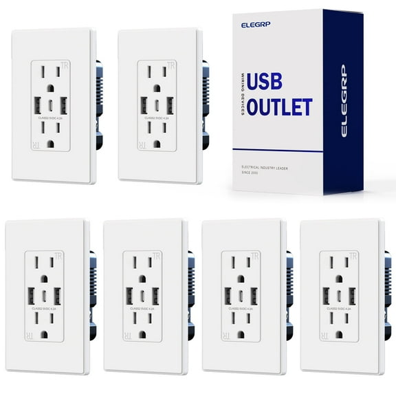 ELEGRP 3 Ports Dual Type A & Type C USB Charger Wall Outlet, 15 Amp Tamper-Resistant Outlet, with Wall Plate, White(6 Pack)