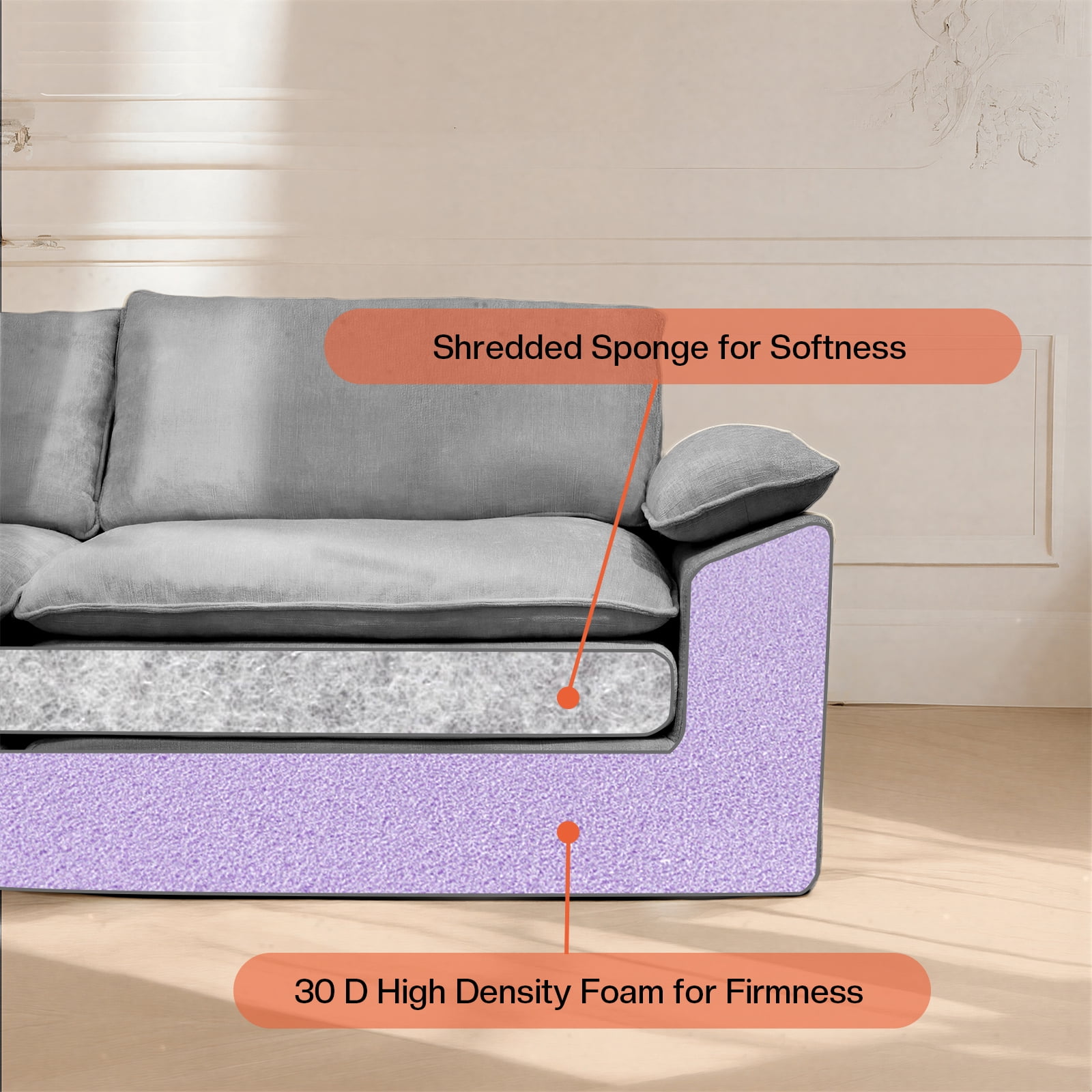 Kelyda 116'' Cloud Sectional Couches L Shaped, Modern Convertible Modular Cloud Chenille Sofa for Living Room Grey