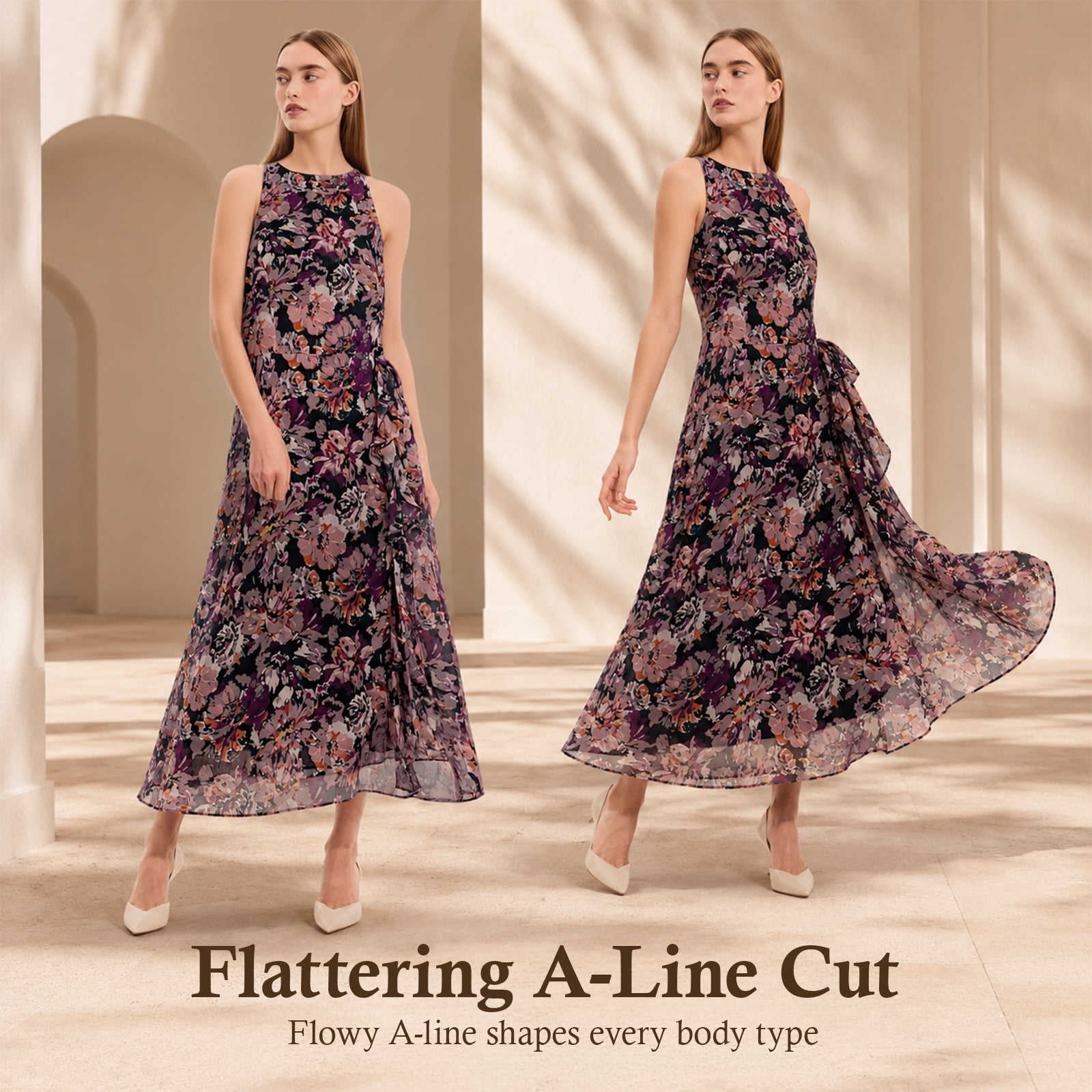 Alvantor Summer Dress for Women Burgundy Multi Floral Print Poly Chiffon