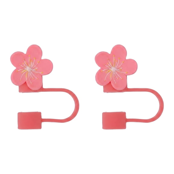 Unique Bargains 2Pcs Floral Silicone Straw Caps Reusable Dust-Proof Toppers Rose Red A