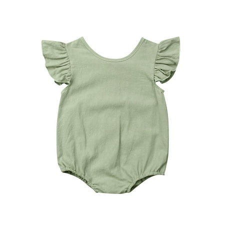 

Gueuusu Baby Girl Ruffled Flying Sleeve Bodysuit Solid Color Button Romper