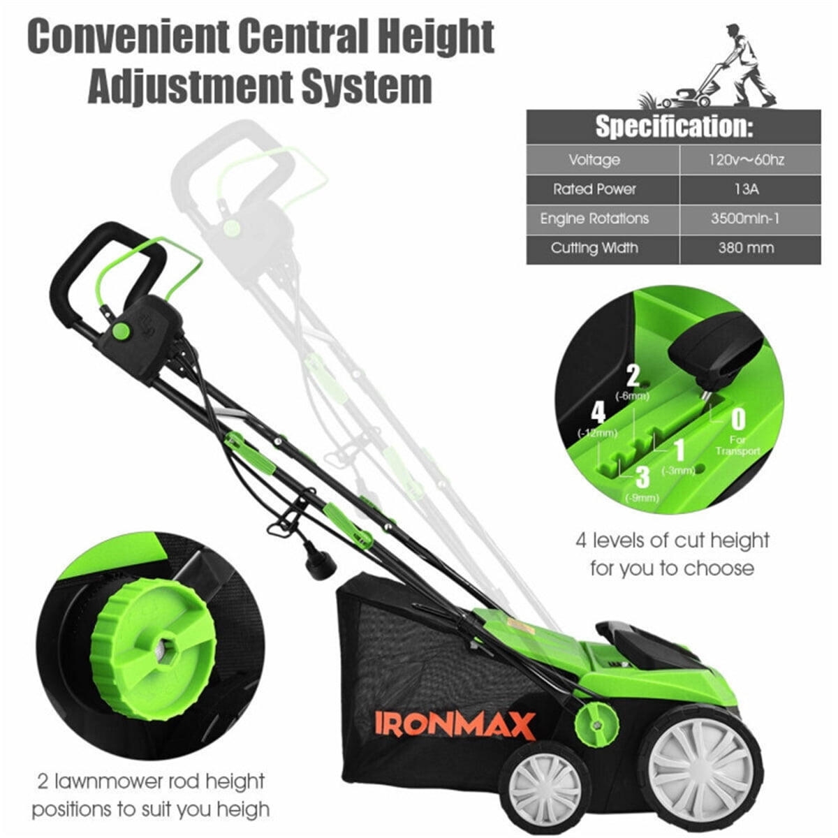 15 Inch 13 Amp Electric Lawn Dethatcher Scarifier with 50L Collection Bag and Removable Blades Green