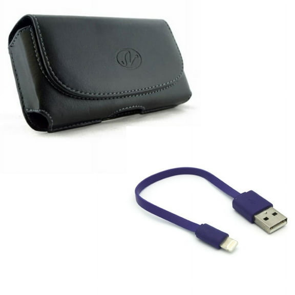 Short USB Cable w Case Belt Clip for iPhone 8/7/6S/6/11 Pro - Charger Cord Power Wire Fast Charge, Leather Holster Cover Loops Pouch for iPhone 8/7/6S/6/11 Pro Models