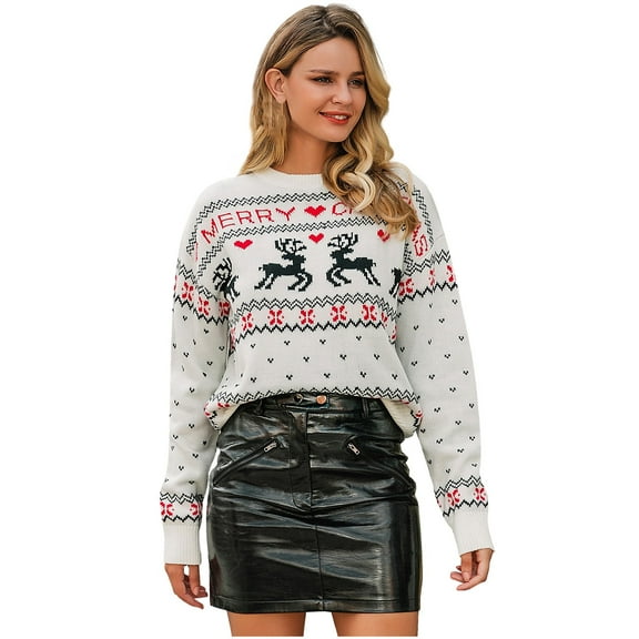 Wang6 Christmas Sweaters for Women Trendy Long Sleeve White Knits Fall Winter Crew Neck Merry Xmas Reindeer Knit Pullovers Tops White S