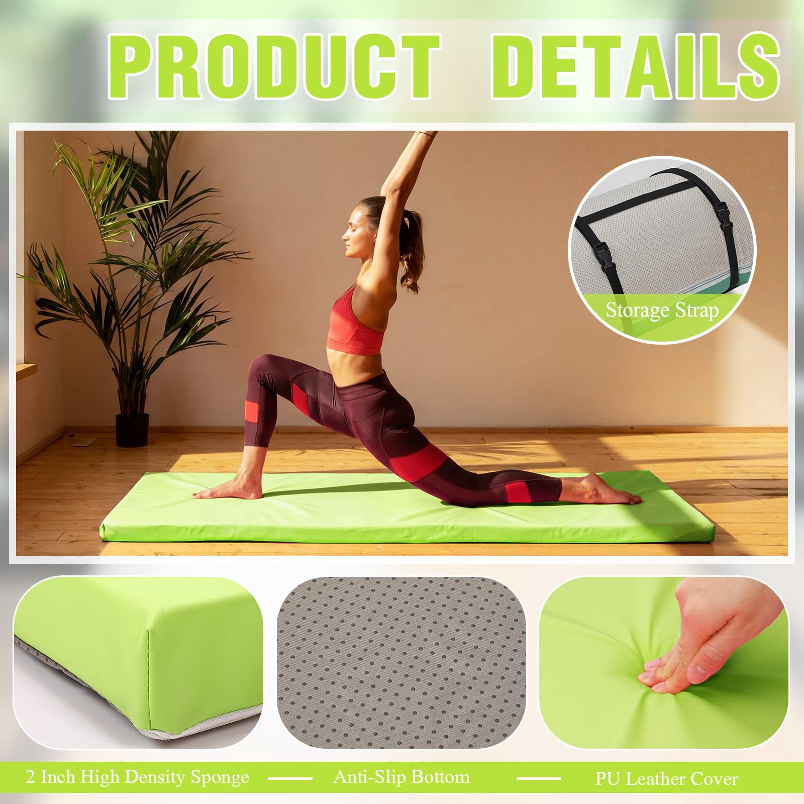 Fresh Green Foldable Yoga Mat 72"x24" 2 Inch Thick with Carry Strap for Pilates Stretching