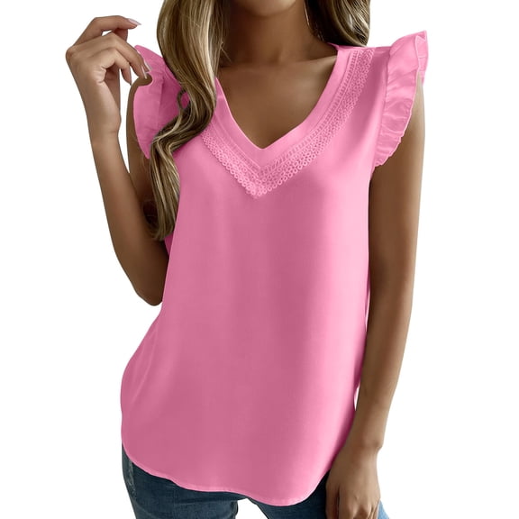 AKOEE Chiffon Tank Top for Women Trendy Ruffled Fly Sleeve V Neck Dressy Casual Blouses Lightweight Summer Tees (XL, Pink)
