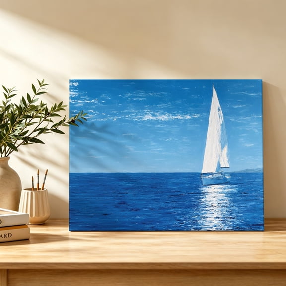 Summer Sailboat Canvas Wall Art, Coastal Nautical Ocean Horizon Modern Wall Art Prints Artwork Framed Canvas Ready to Hang Art Pictures for Bathroom Bedroom Entry Desk Corner 10" x 8"