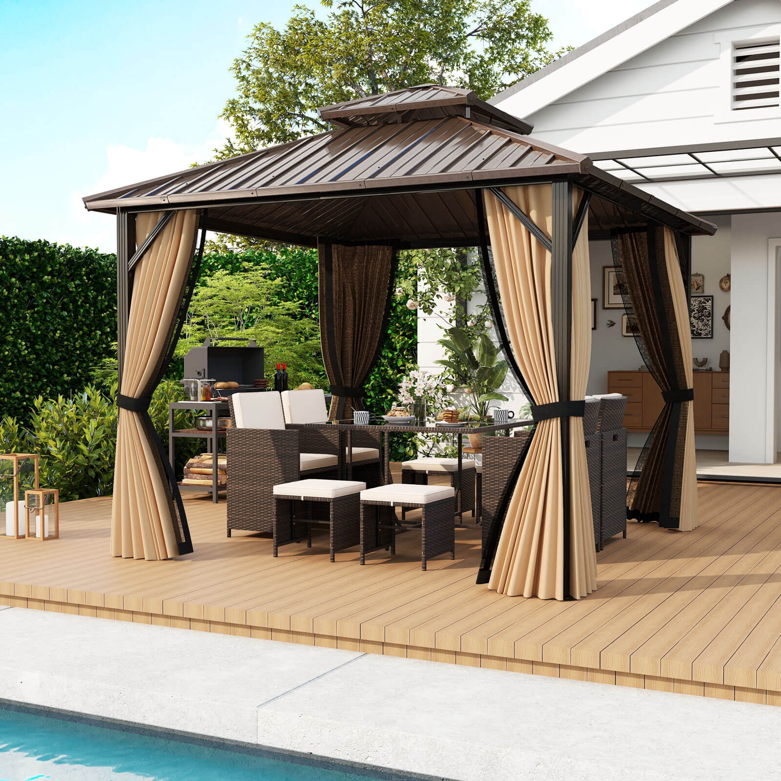 Costway 10 x 10 FT Hardtop Gazebo with Netting Heavy-Duty Double-Roof Galvanized Metal Top