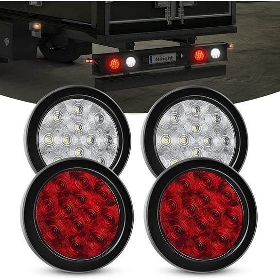 Nilight 4PCS 4” 12LED Round Reverse Brake Turn Tail Lights w/Surface Mount Grommet Plugs IP67 Trailer Tail Lights for Truck Trailer RV (White and Red), 2 Years Warranty