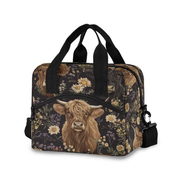 FORMRS Reusable Lunch Bag for Work School Leakproof Insulated Cooler with Adjustable Shoulder Strap, Cows and Flowers