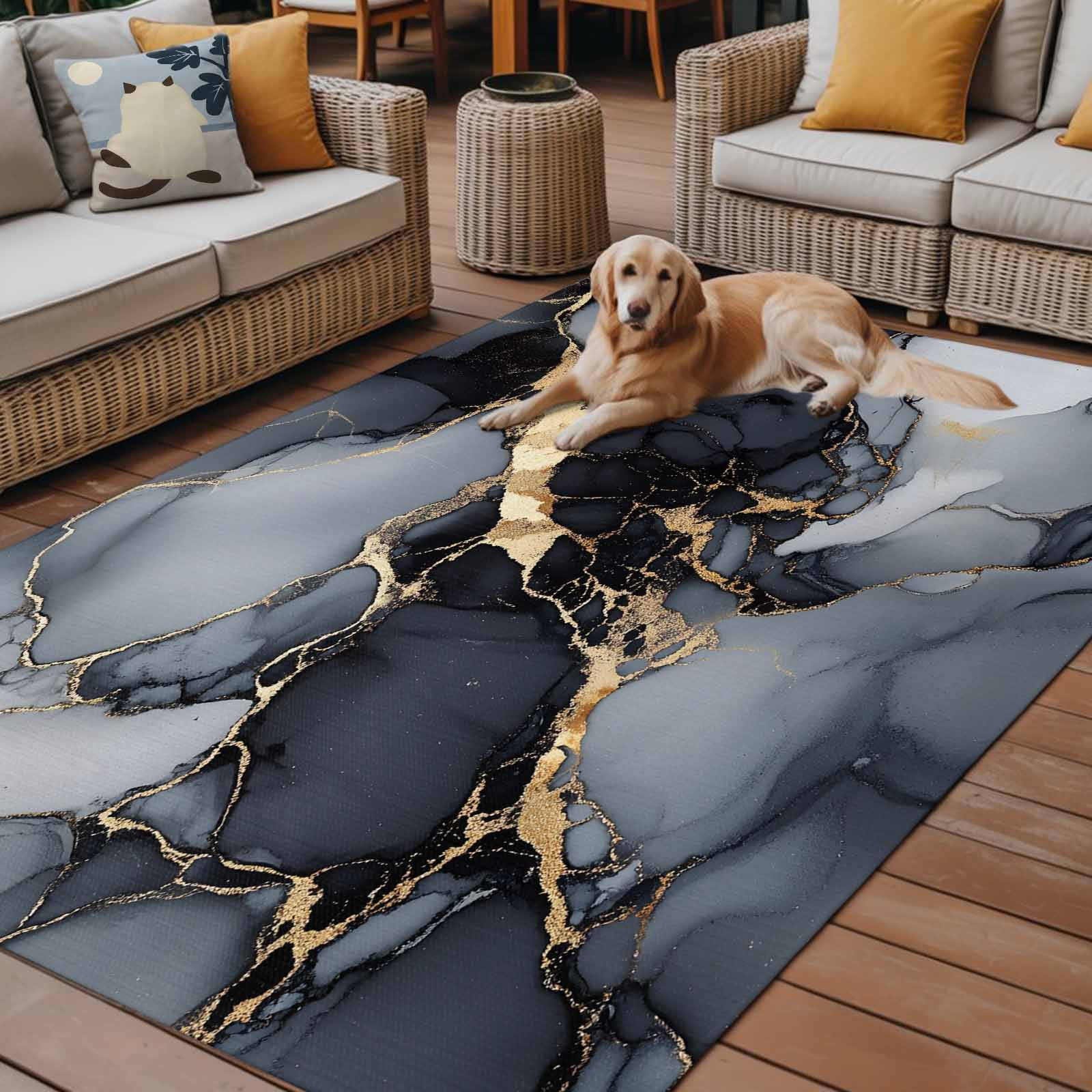 Outdoor Rug 5x8ft Ombre Black Marble Texture Large Area Rug Gold Waves Abstract Indoor Outdoor Carpet Outdoor Rugs Mats for Patio Camping,RV,Front Door, Outside Decor