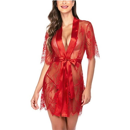 

HIMIWAY Fashion Women Sexy Dressing Gown Babydoll Lace Lingerie Belt+G-string Bath Robe Red