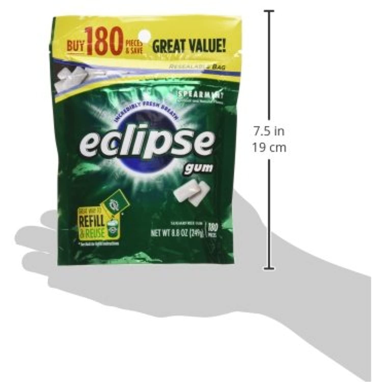 Eclipse Spearmint Sugarfree Gum Refill, 180 Pieces, 8.8 Oz (Pack Of 2)