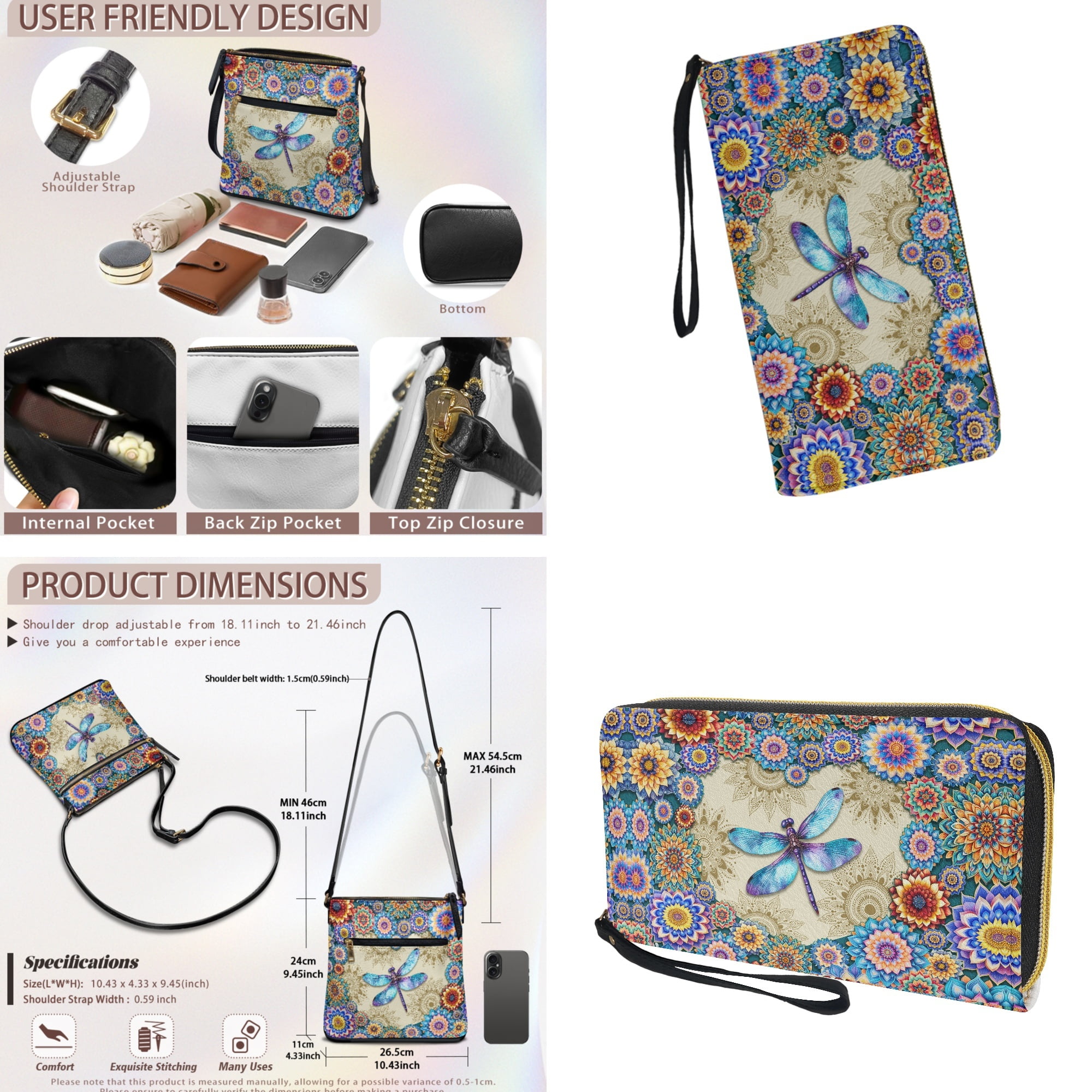 ZUXONGSY Boho Mandala Dragonfly Print PU Leather Crossbody Hobo Bag and Wallet Set for Women, Adjustable Strap, Perfect for Travel, Work & Shopping
