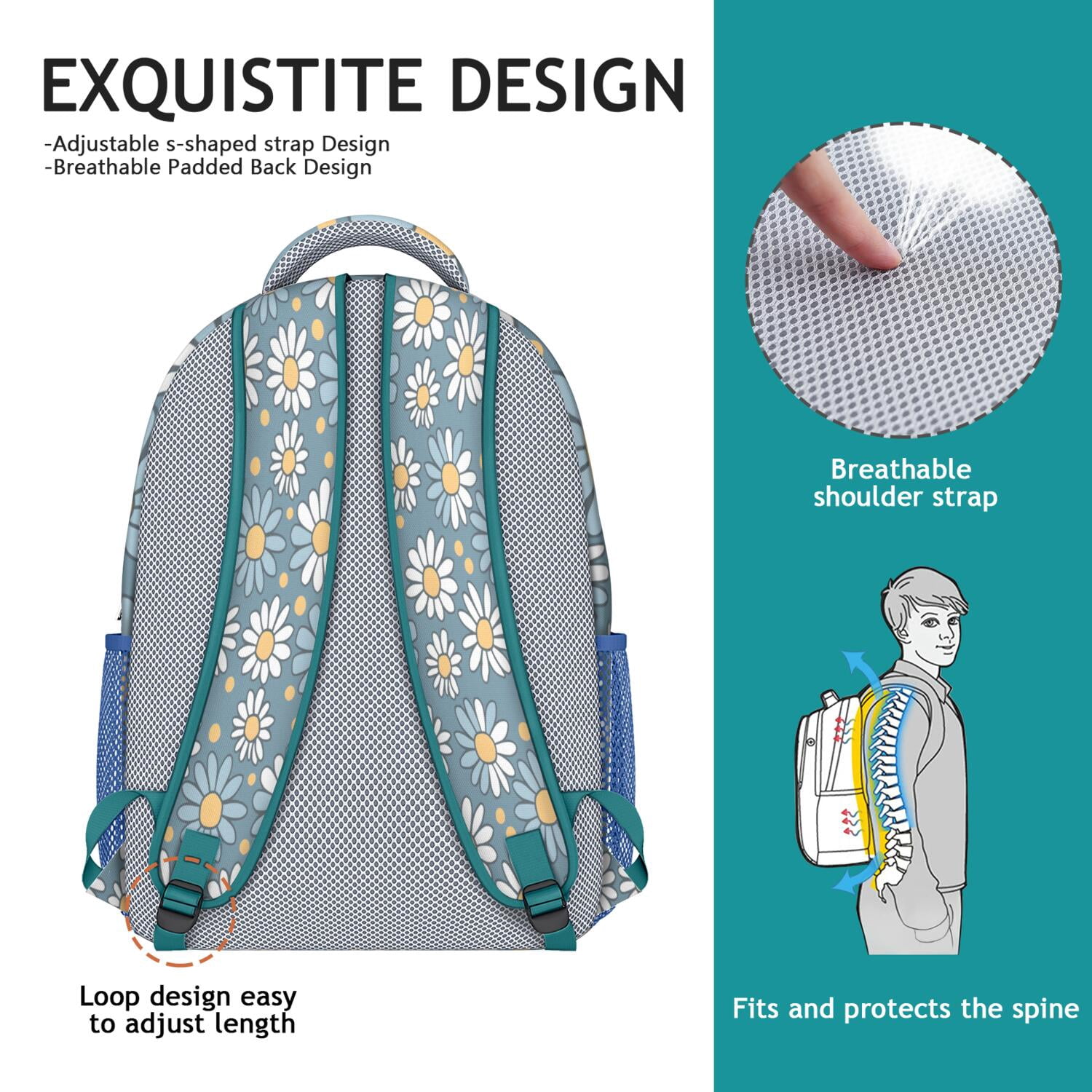 Watercolor Daisy Artwork School Bag - Breathable & Ergonomic for Teenagers