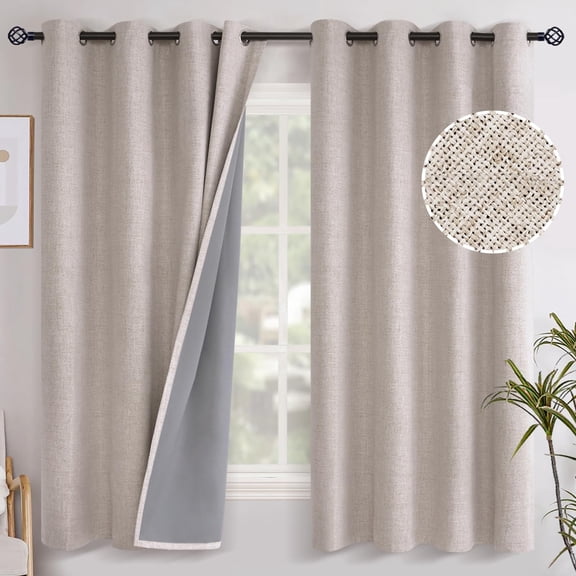 Thermal insulated blackout curtains, linen textured drapes with grommets, set of 2 panels 52x63 inches, perfect for bedroom office living room, beige