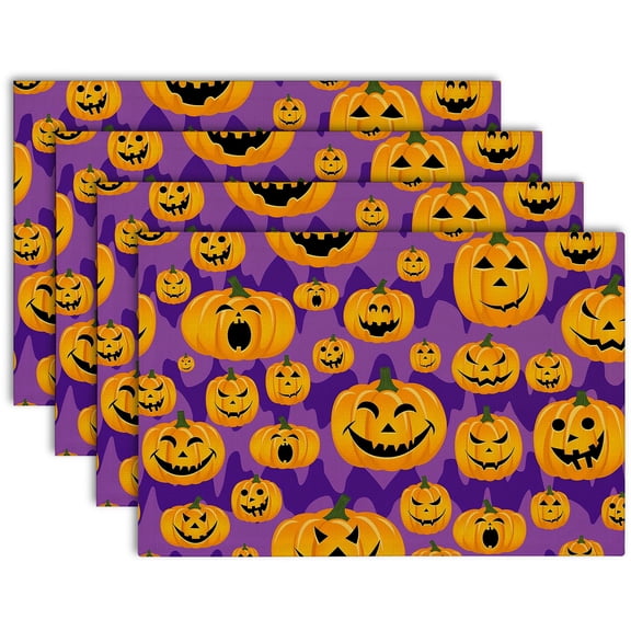Multi-Face Pumpkin Halloween Placemats Set of 4 Fabric Dining Table Place Mats Fun Kitchen Party Decor