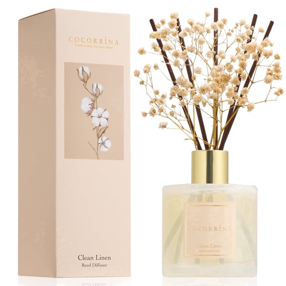 COCORRÍNA Clean Linen Reed Diffuser Set, 6.7 fl oz Glass Bottle with Dried Flower, Long Lasting Fragrance for Home Bedroom Bathroom Office Decor, Gift