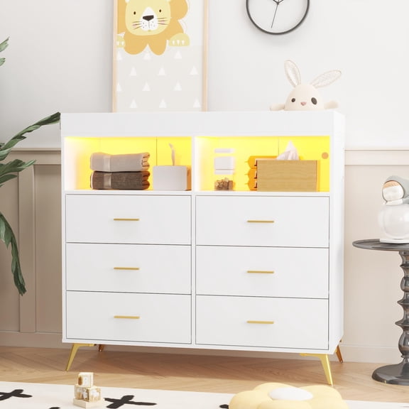 Panapinka Changing Table Dresser with 6 Drawers & LED Lights, Dresser with Power Outlet, 2 Open Shelves, Modern Diaper Changing Station and Storage for Bedroom