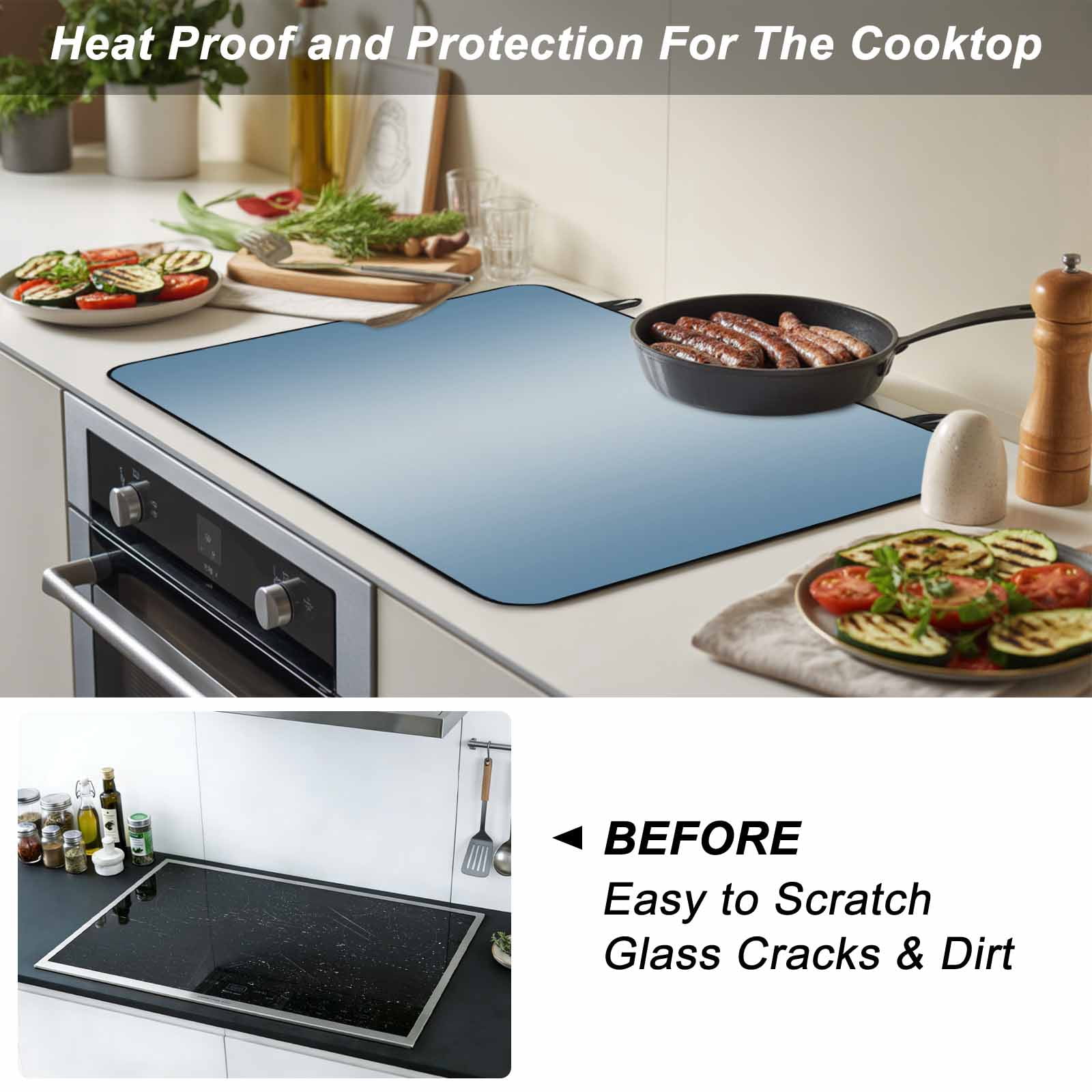 Blue Ombre Stove Top Cover for Electric Stove, Heat-proof & Non Slip Glass Top Stove Cover Protector, Modern Gradient Abstract Art Kitchen Flat Cooktop Rubber Mat 31x24 Inches