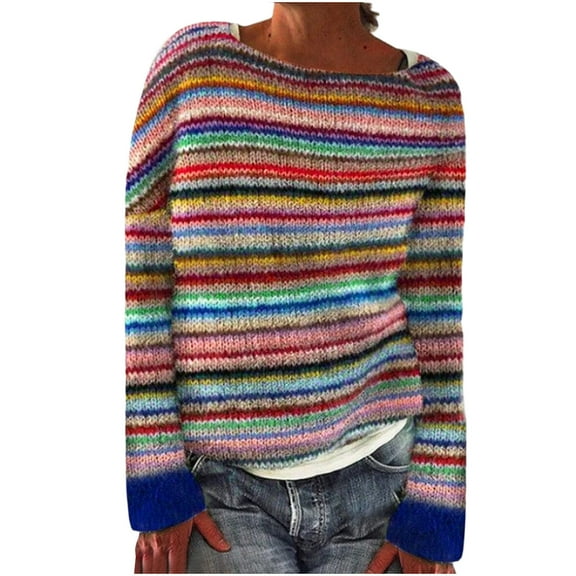 Felirenzacia Women’s Rainbow Striped Sweater, Crew Neck Long Sleeve Boho Knitwear, Multicolor Knit Pullover for Fall Winter