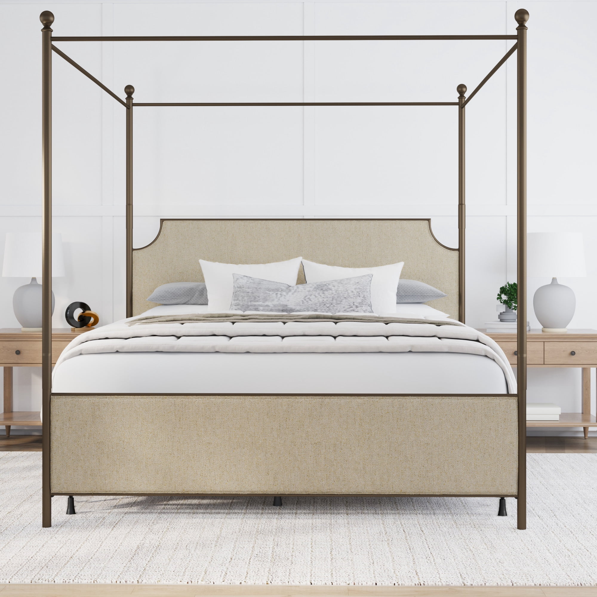 Hillsdale Furniture McArthur Metal Upholstered Canopy King Bed, Bronze with Linen