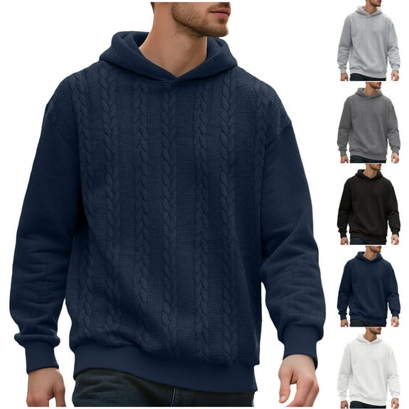 Eryao Cable Knit Sweater Hoodie Men Solid Color Long Sleeve Sweatshirts Lightweight Comfy Textured Hooded Pullover,White,XL