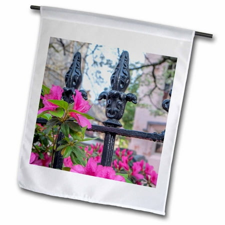 Wrought Iron Flag Holder - 3dRose Azaleas cover a wrought iron fence, Charleston, South Carolina, USA - Garden Flag, 12 by 18-inch