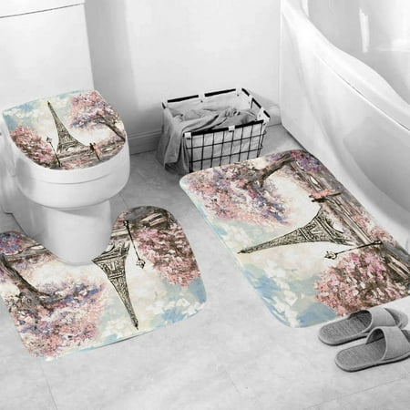 3 Pcs Paris Eiffel Tower Bath Rugs Set,Bath Rug Mat + Contour Mat + Toilet Seat Cover, Super Soft Rugs