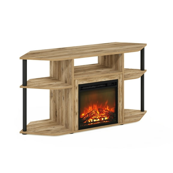 Corner TV Entertainment Center with Fireplace - Open Storage, 55 Inch TV Stand, Flagstaff Oak/Black