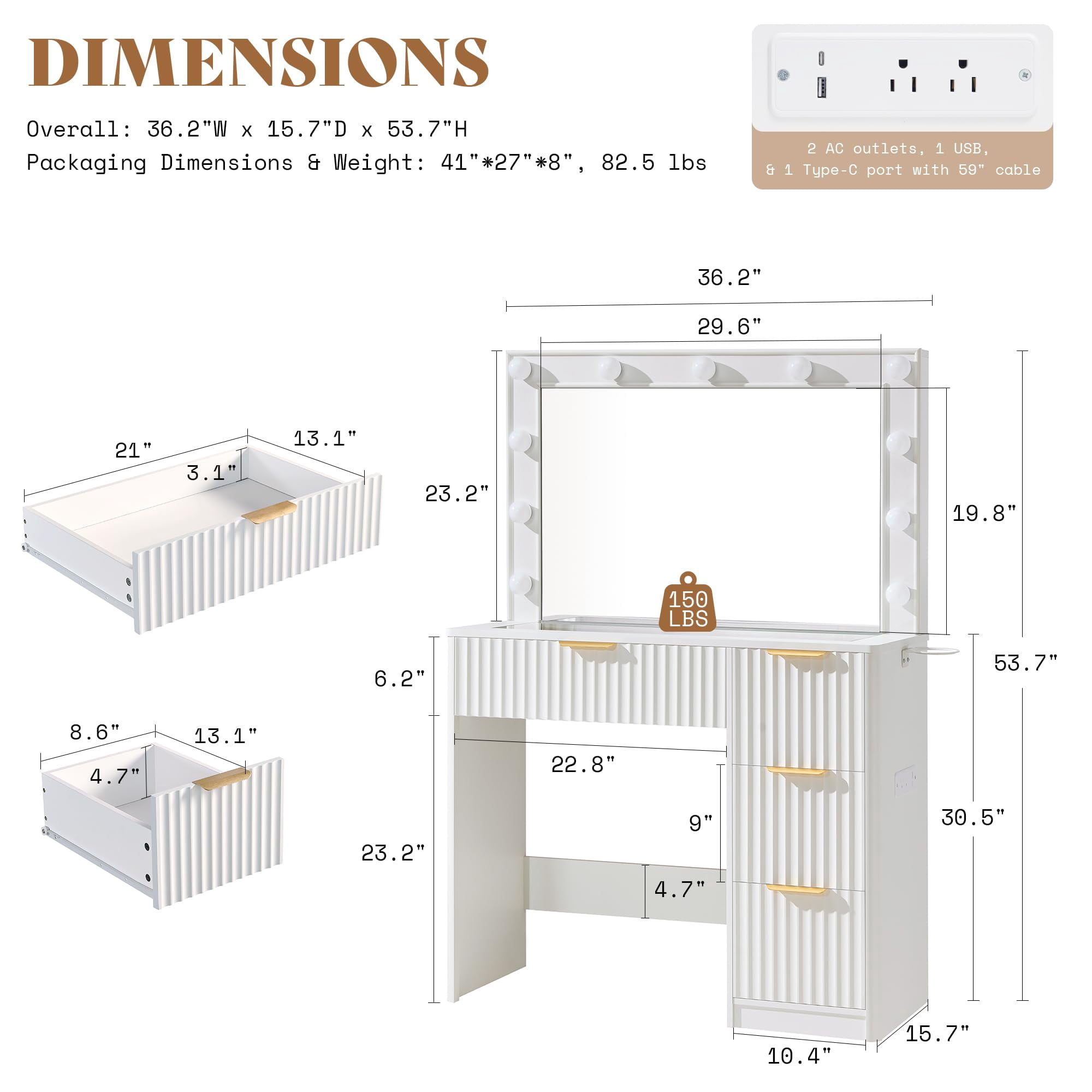 Merluxy 36.2" Girls Vanity Desk with Large Mirror and Adjustable LED Lights, 4 Drawers Makeup Table with Glass Top and Charging Station, White