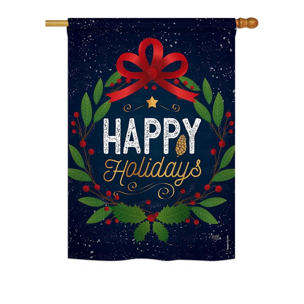Breeze Decor - Happy Holidays Wreath Winter - Seasonal Christmas Impressions Decorative Vertical 