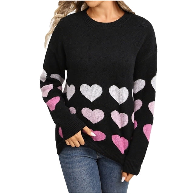 Chandails Mignons pour Femmes à Cœur Manches Longues Chandail de la Saint-Valentin Col Rond Décontracté Tricoté Côtelé Noir, TG