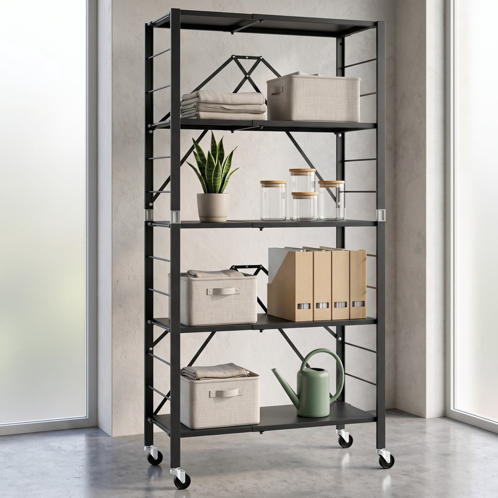 Furnibear 5-Tier Foldable Storage Shelf with Wheels, Adjustable Extendable Metal Utility Rack for Kitchen Living Room Study Tool Room, Rolling Storage Organizer, Black