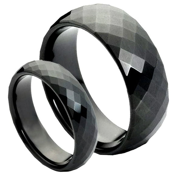 Men's & Women's 8MM/6MM Black Polished Facet Cut Shiny Tungsten Carbide Wedding Band Ring Set
